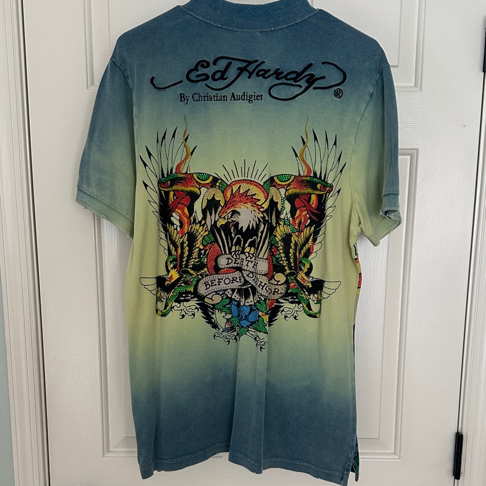 Ed Hardy Men's Blue and Green Graphic Tee